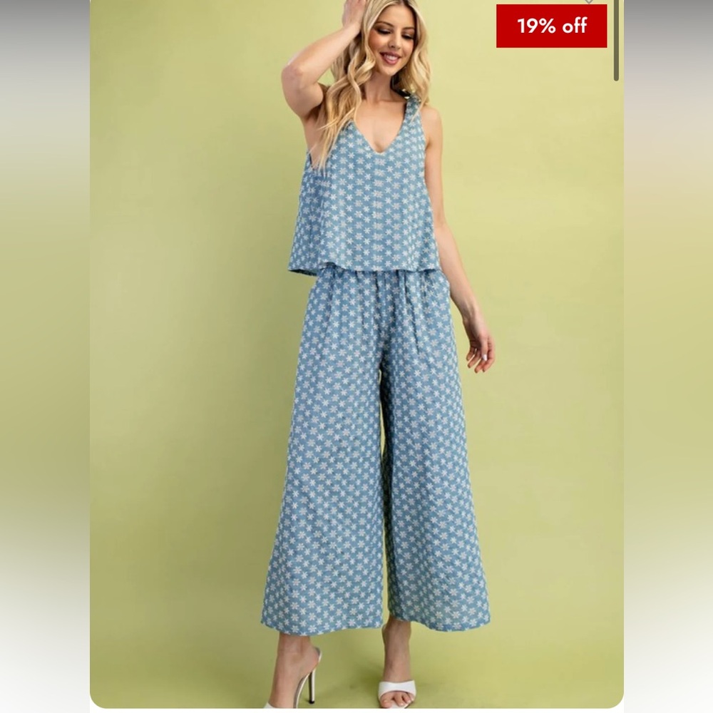 Denim chambray floral embroidered jumpsuit with shoulder tie detail